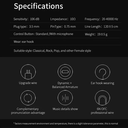 KZ Earphones With Secure Fit For Commuting And Jogging specification panel showing hybrid drivers, ear hook, 3.5mm plug, 120cm cable