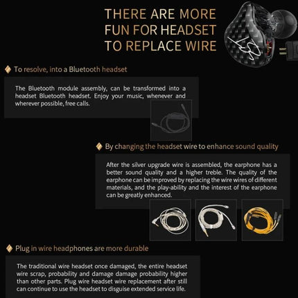 KZ Earphones With Secure Fit For Commuting And Jogging showing hybrid drivers, silicone eartips and replaceable cable options