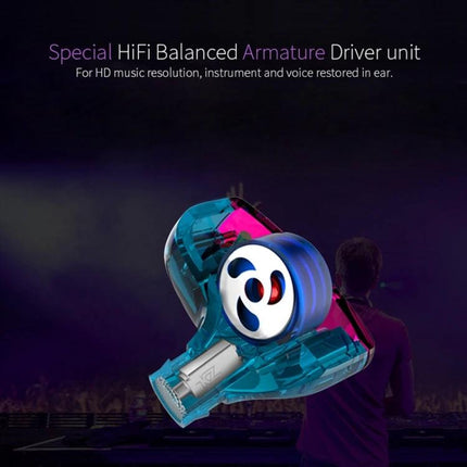 KZ Earphones With Secure Fit For Commuting And Jogging showing clear hybrid driver and translucent shell, snug silicone tips