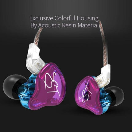 KZ Earphones With Secure Fit For Commuting And Jogging showing purple-blue hybrid driver in-ear monitors