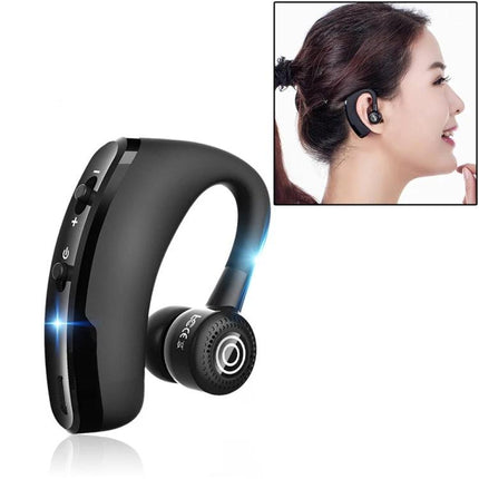 V9 Bluetooth Handsfree Headset For Driving And Commuting Use showing sleek black CSR 4.1 earhook headset worn by smiling commuter