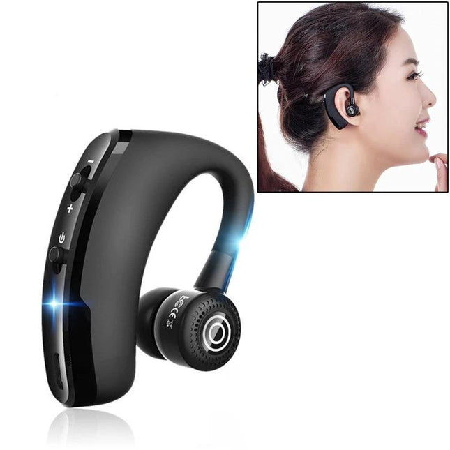 V9 Bluetooth Handsfree Headset For Driving And Commuting Use showing sleek black CSR 4.1 earhook headset worn by smiling commuter