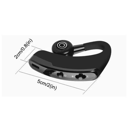 V9 Bluetooth Handsfree Headset For Driving And Commuting Use sleek black CSR 4.1 earhook showing control buttons and dimensions