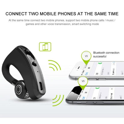 V9 Bluetooth Handsfree Headset For Driving And Commuting Use showing dual-phone Bluetooth pairing for calls and music while driving