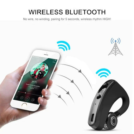 V9 Bluetooth Handsfree Headset For Driving And Commuting Use wireless ear-hook headset shown pairing with smartphone