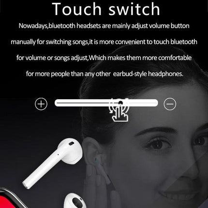Touch Wireless Earbuds With Charging Case For Commuting shown with touch controls, Bluetooth 5.0 pairing and compact charging case