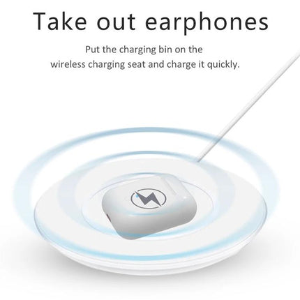 Touch Wireless Earbuds With Charging Case For Commuting showing charging case on a wireless charging pad with cable and blue charging rings
