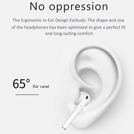 Touch Wireless Earbuds With Charging Case For Commuting ergonomic in-ear white earbuds showing 65° fit for comfortable commuting