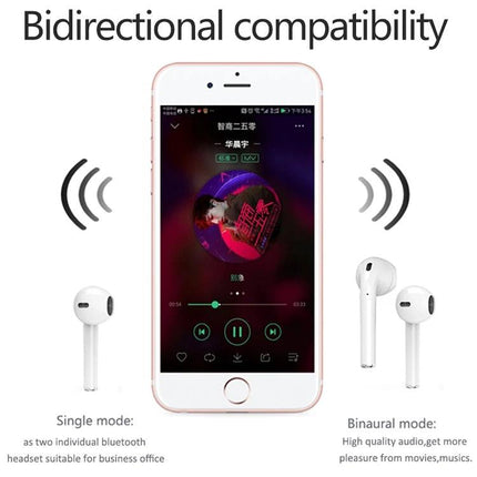 Touch Wireless Earbuds With Charging Case For Commuting shown with smartphone demonstrating bidirectional compatibility and single/binaural modes