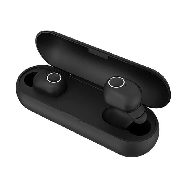 Q1 TWS Bluetooth 5.0 Binaural Stereo Wireless Sports Bluetooth Earphone in black charging case, compact true wireless earbuds for workouts and commutes