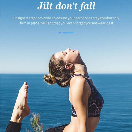 True Wireless Earbuds For Commuting And Gym Use Comfort Fit woman stretching by ocean wearing compact Bluetooth 5.0 earbuds