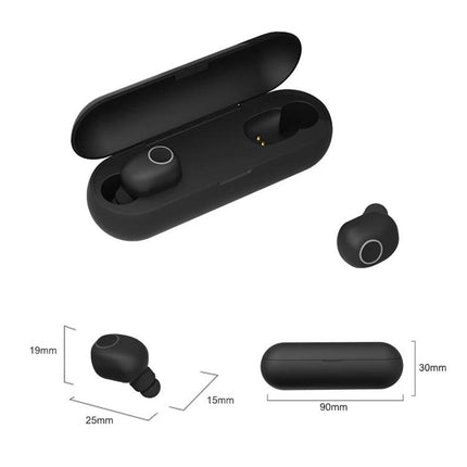 True Wireless Earbuds For Commuting And Gym Use Comfort Fit compact black TWS earbuds with charging case and size dimensions