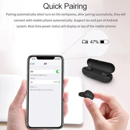 True Wireless Earbuds For Commuting And Gym Use Comfort Fit compact Q1 TWS Bluetooth 5.0 earbuds showing quick pairing screen
