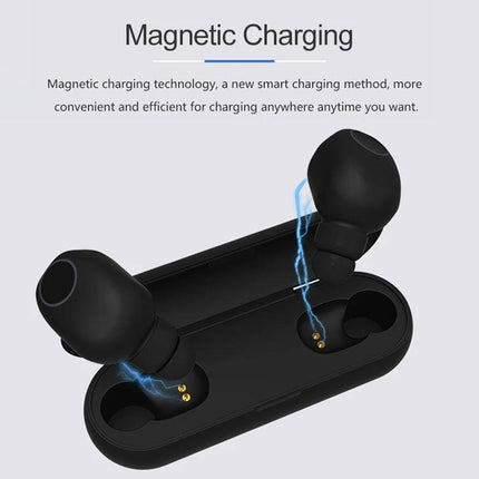 True Wireless Earbuds For Commuting And Gym Use Comfort Fit black TWS earbuds with magnetic charging case and blue charge sparks