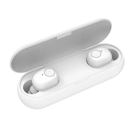 True Wireless Earbuds For Commuting And Gym Use Comfort Fit compact white Q1 TWS earbuds in open charging case, Bluetooth 5.0