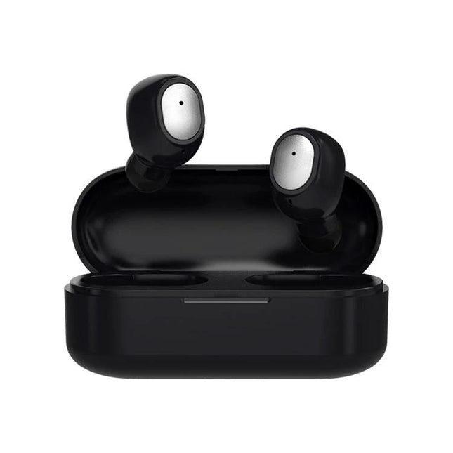 Q2 Wireless Sports Earbuds With Secure Fit For Commuting compact black TWS Bluetooth 5.0 earbuds with charging case