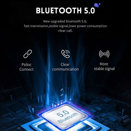 Q2 TWS Bluetooth 5.0 Binaural Stereo Wireless Sports Bluetooth Earphone showing Bluetooth 5.0 chip and stable signal for clear calls