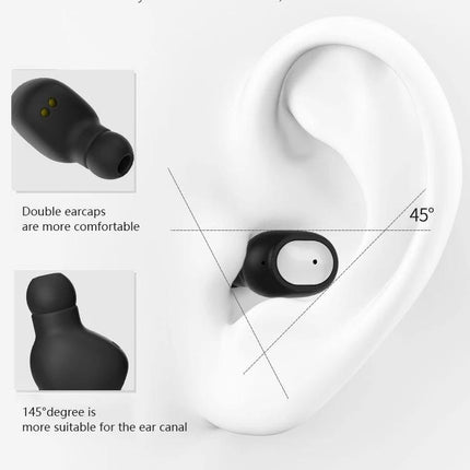 Q2 Wireless Sports Earbuds With Secure Fit For Commuting showing angled in-ear fit, double earcaps, 45° placement, compact design