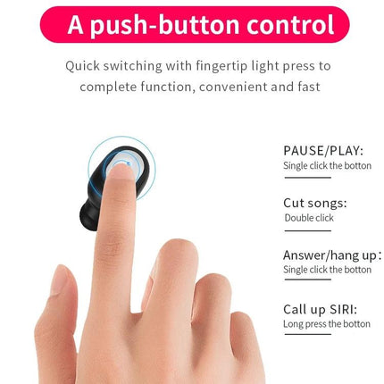 Q2 Wireless Sports Earbuds With Secure Fit For Commuting showing push-button control fingertip tap for play pause and calls