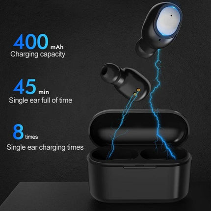 True Wireless Earbuds For Everyday Listening With Charging Case showing earbuds, 400mAh case and Bluetooth 5.0 charging visuals
