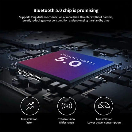 Foldable Wireless Bluetooth Headphones With 3.5mm Jack showing Bluetooth 5.0 chip, long range and low power transmission