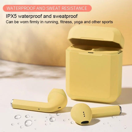 InPods True Wireless Earbuds With Charging Case For Daily in yellow showing charging case, earbuds with IPX5 sweatproof drops