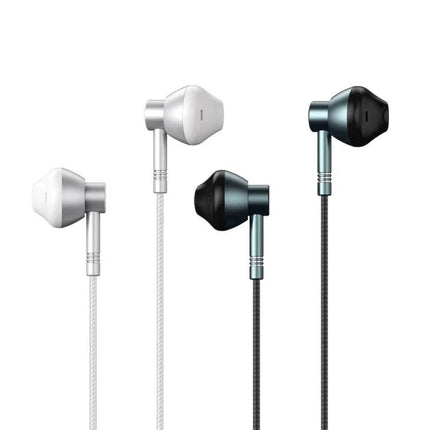 Remax Wired In Ear Earphones With Inline Mic For Commuting silver and black metal-housed earbuds with inline mic and cable controls