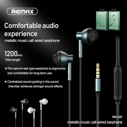 Remax Wired In Ear Earphones With Inline Mic For Commuting metal-housed RM-201 wired earbuds with mic
