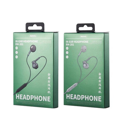 Remax Wired In Ear Earphones With Inline Mic For Commuting packaged metal-housed RM-201 in-ear wired headphones