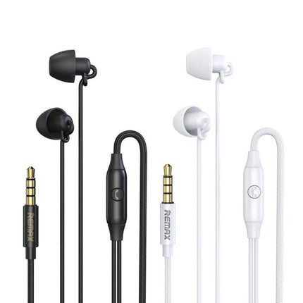 Remax In Ear Wired Earphones With Mic For Commuting black and white earbuds with inline mic and 3.5mm jack, ergonomic compact design