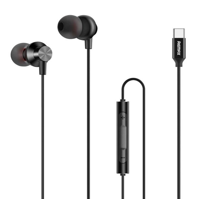Remax Earphones for Everyday Music and Commute Use wired Type-C earphones with inline remote and silicone earbuds, black, portable for commuting