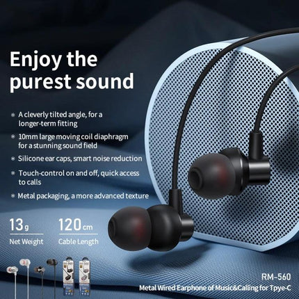 Remax Earphones for Everyday Music and Commute Use - Type-C wired black in-ear earphones with silicone tips, touch controls and 120cm cable