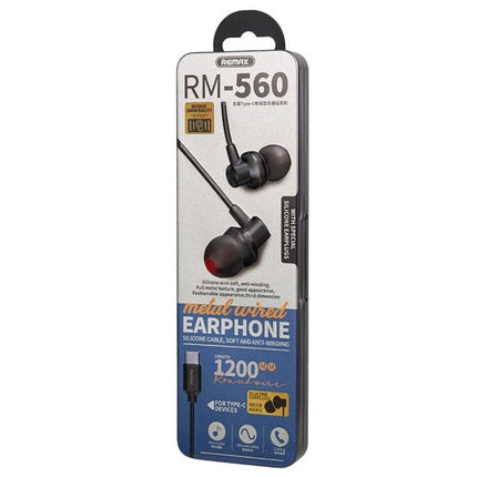 Remax Earphones for Everyday Music and Commute Use - RM-560 black Type-C wired in-ear earphones with silicone cable, inline controls and compact packaging