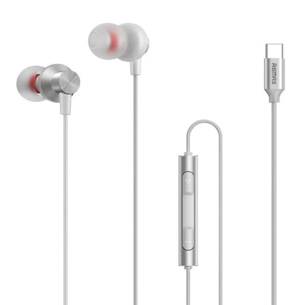 Remax Earphones for Everyday Music and Commute Use - silver Type-C wired in-ear headphones with inline remote and silicone tips
