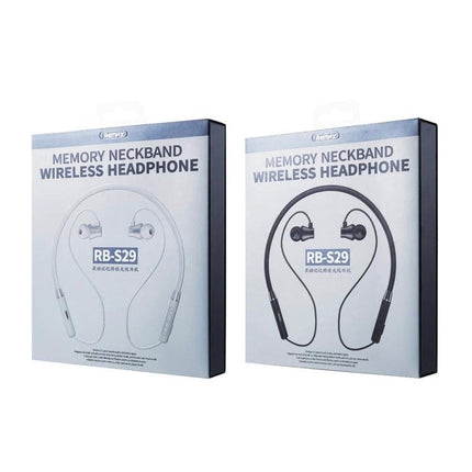 REMAX Linton Neckband Bluetooth Earphones For Daily Use shown in RB-S29 memory neckband packaging for commuting and gym