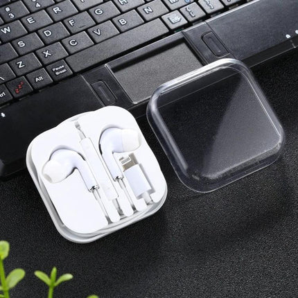 Wired 8-Pin In-Ear Earphones With Microphone For Commuting white wired earphones in case beside laptop for travel