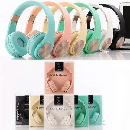 Candy Color Bluetooth Headphones With On Ear Controls For Daily Use in pastel mint pink yellow white black lineup