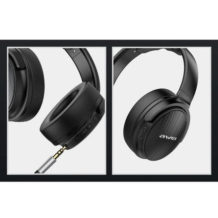 Awei Foldable Wireless Headphones With Aux Jack For Commuting showing black foldable cups, aux jack and on-ear controls