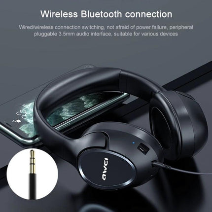 Awei Wireless Folding Headset For Calls And Commuting Use showing black foldable Bluetooth headphones with 3.5mm cable