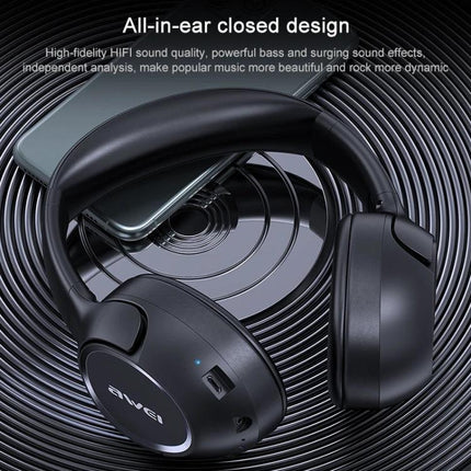 Awei Wireless Folding Headset For Calls And Commuting Use black Bluetooth folding over-ear headset shown with phone and spiral background
