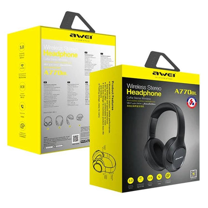 Awei Wireless Folding Headset For Calls And Commuting Use black Bluetooth 5.0 folding on-ear headset in yellow box
