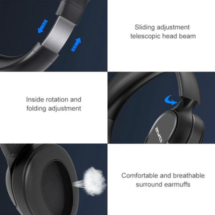 Awei Wireless Folding Headset For Calls And Commuting Use showing folding, sliding adjustment, swivel cups and breathable earmuffs