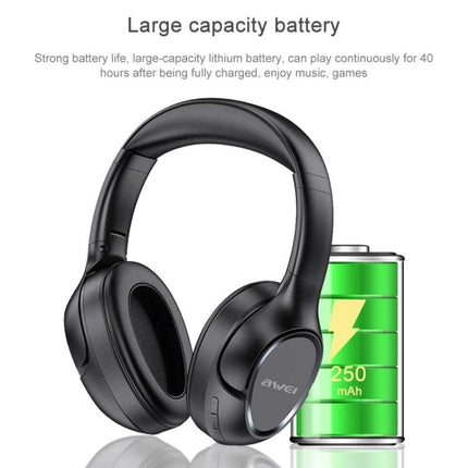 Awei Wireless Folding Headset For Calls And Commuting Use black Bluetooth headphones with battery icon and 40h playtime
