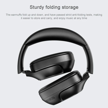 Awei Wireless Folding Headset For Calls And Commuting Use showing compact black over-ear headset folded for travel