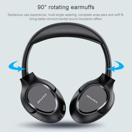 Awei Wireless Folding Headset For Calls And Commuting Use showing black Bluetooth folding headphones with 90° rotating earmuffs