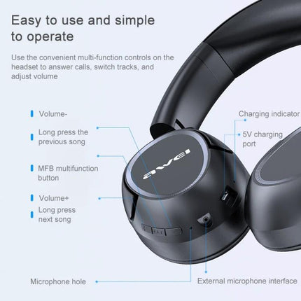 Awei Wireless Folding Headset For Calls And Commuting Use black Bluetooth 5.0 folding on-ear headset with controls