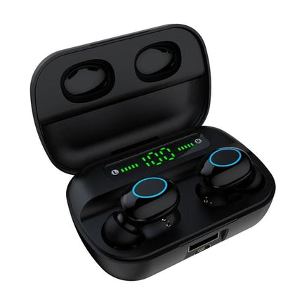 Touch Wireless Earbuds With Magnetic Charging Case showing black earbuds in charging case with LED power display and touch controls