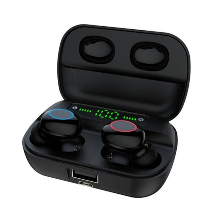 Touch Wireless Earbuds With Magnetic Charging Case showing black earbuds in case with LED battery display and touch controls