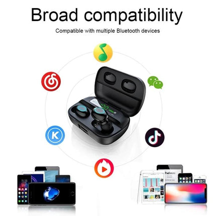 Touch Wireless Earbuds With Magnetic Charging Case showing open magnetic charging case, earbuds, LED power display, broad compatibility