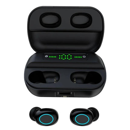Touch Wireless Earbuds With Magnetic Charging Case showing black earbuds with LED battery display and touch controls